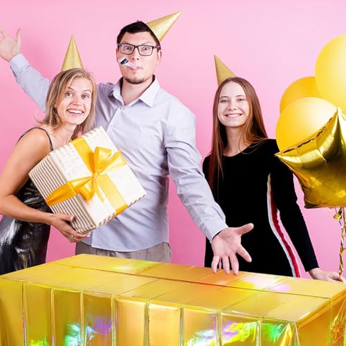 OQOQ Iridescent Gold Table Cloths (4 Packs) - 54x108 Inches New Year Gold Plastic Table Cover Disposable Tablecloth Waterproof Foil for Birthday Retirement Housewarming Graduation New Year Party - color: Gold