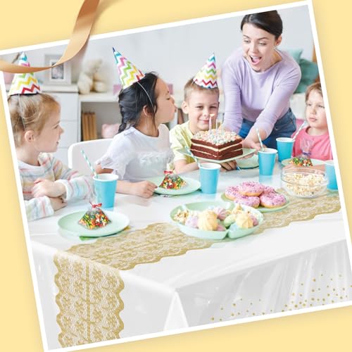 Goodluck 54 Inch X 300 Feet Plastic Table Cloths with Cutter Box, Gold Disposable Table Cover Roll, Plastic Tablecloth for Party, Wedding, Birthday, Anniversary, Event, White Gold Dot - color: White Gold Dot, size: 15.4" x 5.5" (Rectangular)