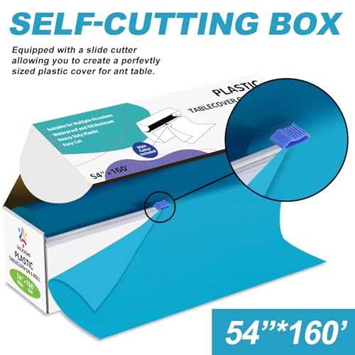 54IN X 160FT Plastic Table Cover Roll with Cutter Box, Cut to Size Plastic Table Cloths for Parties, Birthday, (Turquoise, Rectangular) - color: Turquoise, size: 1920" x 54" (Rectangular)