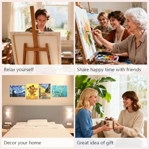 Muzagroo Art 4 Pcs Paint by Numbers Kits for Adults Framed Canvas with Wooden Easel DIY Beach Acrylic Oil Paintings Kits Paint by Numbers on Canvas Wall Art 8x12 inch (Van Gogh) - color: Van Gogh