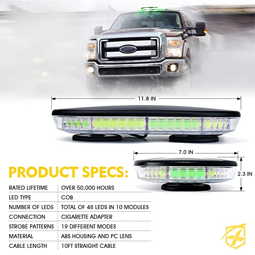 Xprite COB LED Rooftop Strobe Light Bar, Super Bright 19 Adjustable Lighting Modes with Magnetic Base for Construction Vehicles Tow Trucks Snowplow, White Green - color: White Green