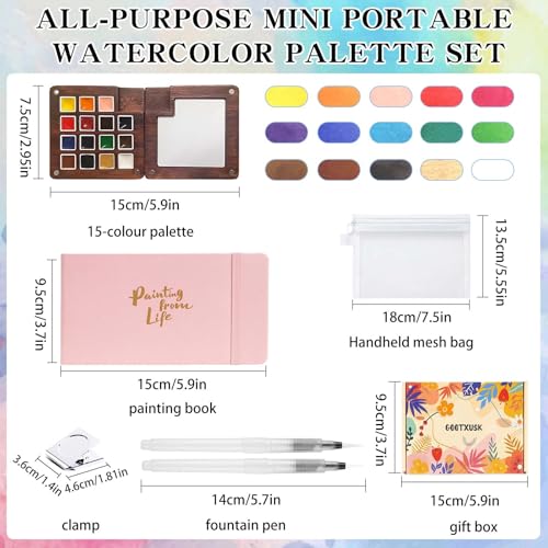 Mini Watercolor Paint Set - 15 Color Travel Watercolor Kit, Pocket Watercolor Paint Palette Set with Watercolor Book, Binder Clips, Pens, Storage Bag, Wooden Paint Box for Painters Artists Student - color: Pink
