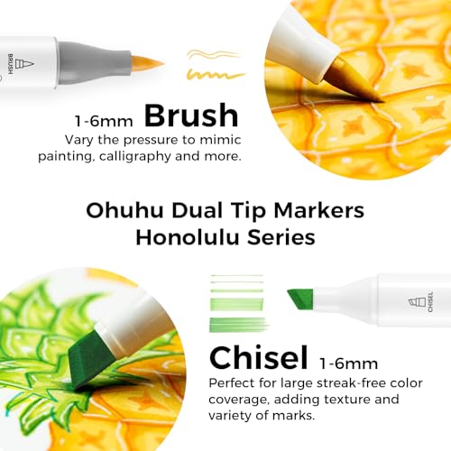 Ohuhu Alcohol Markers Brush Tip 168 Colors for Adults Coloring Refillable | AP Certified Brush& Chisel Drawing Markers for Artists Beginners Illustration Sketching, Dual Tips Art Marker Set, Honolulu