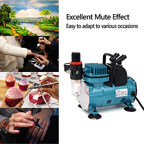 Quiet Airbrush Compressor Kit – 1/5HP Auto Start/Stop, 4 Bar, Dual Holders & 6FT Air Hose for Model Painting, Tattoo, Cake Decor, Nail Art