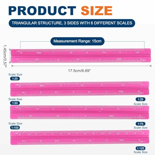HARFINGTON 2 Pcs Architectural Scale Ruler, 7 Inch Metric Aluminum Alloy Architect Triangular Small Scale Laser-Etched Blueprint Drafting Ruler for Architects Engineers, Rose Red - color: Rose Red, size: 7 Inch