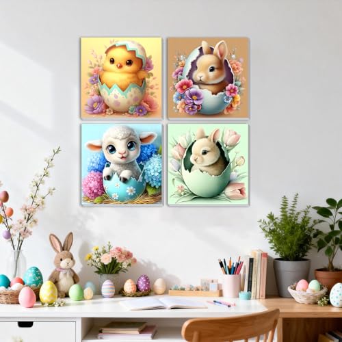 DOMROM 4 Pack Framed Paint by Numbers Chicken for Kids Beginners, Adult Paint by Number Kits Animals on Canvas, Acrylic Number Painting Easter Rabbit Craft Kits for Gift Home Decor 8x8in - color: BK4ZH059