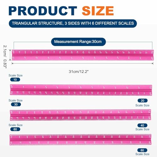HARFINGTON 2 Pcs Architectural Scale Ruler, 12 Inch Standard Aluminum Alloy Architect Triangular Large Scale Laser-Etched Blueprint Drafting Ruler for Architects Engineers, Rose Red - color: Rose Red, size: 12 Inch