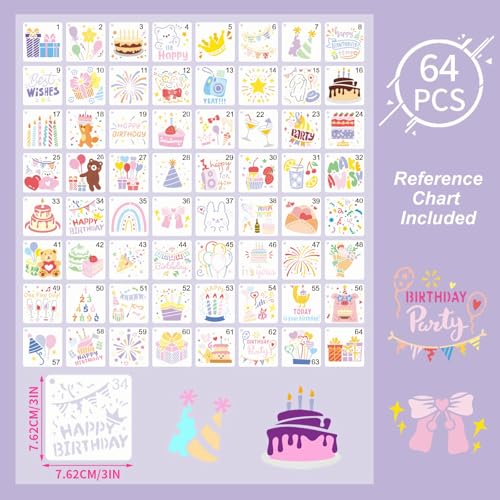 Birthday Stencils for Painting, 64 Pcs 3 Inch for Cards Scrapbooks | Reusable & Easy to Clean, Cake & Party Icons, Favor Bags, Cupcake Picks, Classroom Projects, Beginner Friendly - color: Birthday