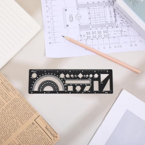 Multifunctional Geometric Ruler 15cm Geometric Drawings Stencils Rulers Aluminum Measuring Template with Protractor Straight Edge and Circle Shapes for Math Projects Black