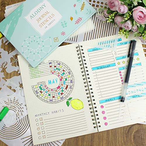 ALODNY 16 Pcs Journal Stencils Set - Time Saving Bullet Journaling Supplies/Accessories Kit -Ultimate Productivity Planner Stencil for Bullet Journal Stencils A5 Dotted Journals | Time Saving Bullet Journal Supplies Kit-Back to School Supplies Planner Ste