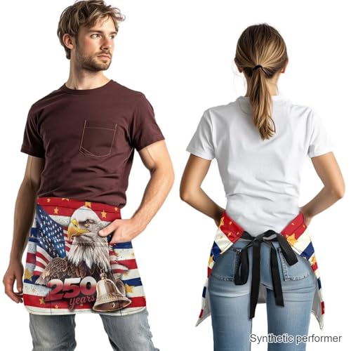 Waist Apron with 3 Pockets Waterproof 13 Inch Short Half Waist Aprons Women Men Server Aprons Waitress Waiter Apron - color: American Flag Eagle 250 Years