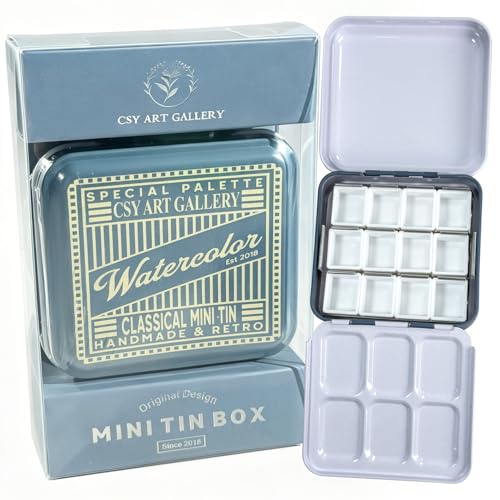 Travel Watercolor Palette with 12 Half Pans Vintage American Style Paint Tin Box with Mixing Tray Lid, for DIY Watercolor Oils or Acrylics Painting (05 Deep Blue) - color: 05 Deep Blue