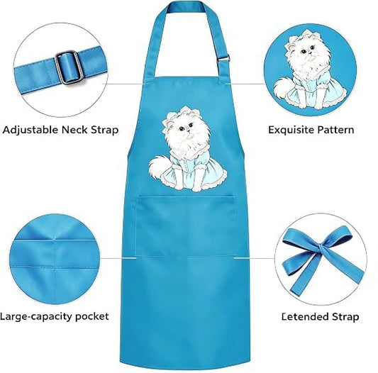 Unisex Cat Chef Apron, Adjustable Strap with Two Pockets | Thick waterproof fabric, machine washable. 27.5×31.5 in. Dual pockets for phones. Dual neck straps, long ties, cute cat print - color: Blue