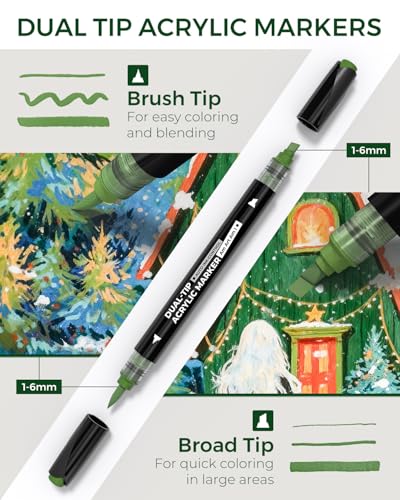 JusArt 60 Colors Automatic Ink Control Acrylic Paint Markers with Dual Tip | Broad Tip and Brush Tip Pens for Ceramic, Wood, Canvas, Glass, Stone, Fabric, Rock Painting, DIY Crafts Art Supplies Kit - color: 60 Colors