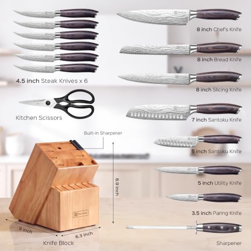 PAUDIN 17 PCS Kitchen Knife Set, Razor Sharp Knife Block Sets, Ideal Gifts - color: Brown, size: 17 PCS Knife Set