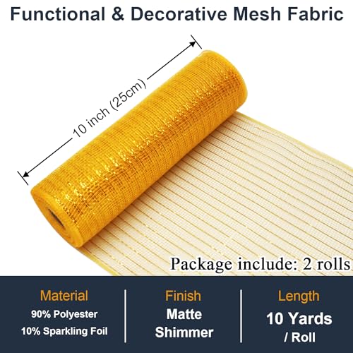 Gold Mesh Ribbon Rolls 10 Inch 10 Yds, Deco Mesh Fabric for Wreaths | (2 Rolls) 30Ft Each, Decorative Foil Mesh for Christmas Tree Ribbon, Door Decor, DIY Crafts, Halloween, Wedding Party Supplie - color: Gold