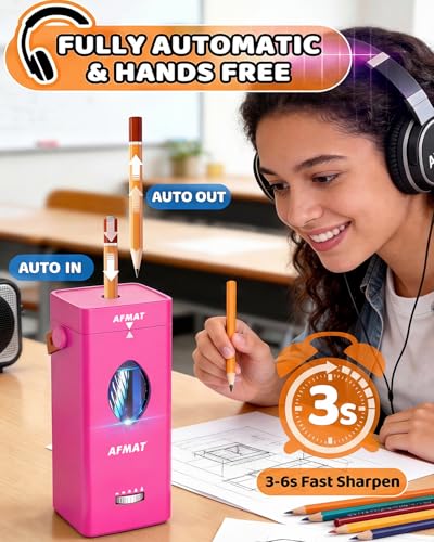 AFMAT Electric Pencil Sharpener, Fully Automatic Pencil Sharpener for 6-12mm No.2/Jumbo Pencils, Auto in & Out, 5 Sharpness Modes, Rechargeable Heavy Duty Sharpeners for Classroom/Home/Office PSC7 - color: Pink