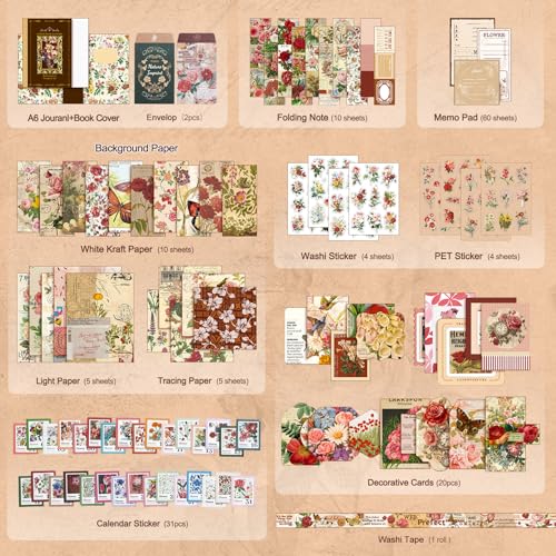 miikoul Vintage Scrapbooking Supplies Kit for Teen Girl Kid Women Diy Gift - color: Red Flower