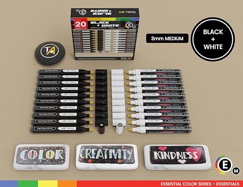 TOOLI-ART Black And White Acrylic Paint Markers Paint Pens Set For Rock Painting, Canvas, Mugs, Metal, Glass Paint, Fabric, Wood, DIY. Non Toxic, Quick Dry,Waterbas (MEDIUM) - style: MEDIUM