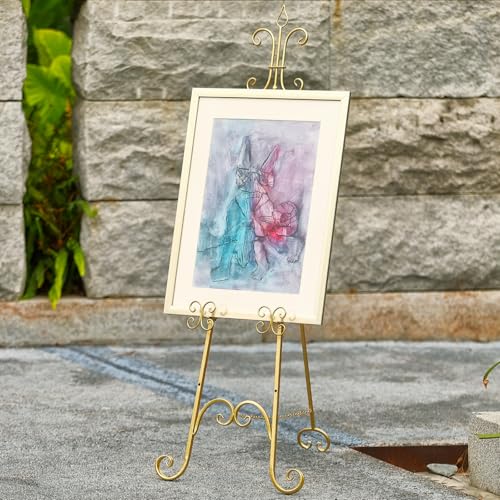 20"L x 26.75"W x 56.5"H Large Easel Stand for Display, Adjustable Heigh Metal Gold Easel Stand with Chain Support, Heavy Duty Easel for Mirror, Sign, Wedding, Picture Frame. (No Installation Required)