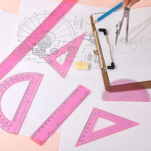 Zonon 7‑Piece Geometry Set with Drawing Compass, 6 & 4 Inch Protractors, Triangle Rulers and Straight Rulers, Transparent Math Drafting Supplies for Back to School, Students and Office Use(Pink) - color: Pink
