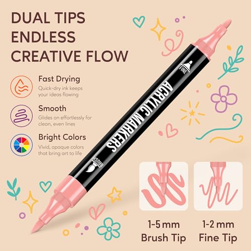 Pagather Acrylic Paint Markers, 48 Colors Dual Tip Fine & Brush Pens Set | For Rocks, Fabric, Wood, Glass & More, Perfect for DIY Crafts and Creative Art Projects with Bright, Smooth and Quick-Dry Ink - color: 48 Colors