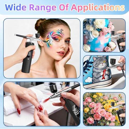 Airbrush Kit with Compressor, Cordless Airbrush for Nails | 6000mAh 48PSI High Pressure, 3-Speed Dual-Action, 0.2/0.3/0.5mm Nozzle & 3 Cups, Non-Clogging for Nails Cake Decor Makeup