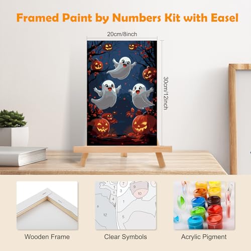 MOGTAA Halloween Paint by Numbers Kit for Adults Beginners with Frame, Ghost Adult Paint by Number Kits on Canvas with Easel, Easy DIY Oil Painting Kits for Home Decor, 8x12in - color: Halloween Ghost2