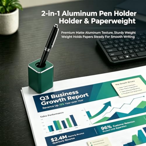 Pen Stand for Desk, 2-in-1 Single Pen Holder & Paperweight, Green | Aluminum Alloy, 16mm ID, 5cm H, Non-slip Base, Minimalist Organizer for Fountain Pen Stylus, Office Home School Use - color: Green, size: Tall - 1P