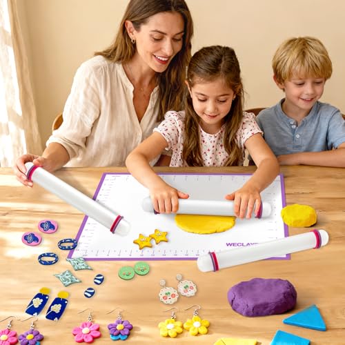 Clay Roller with Thickness Rings and 16" x 12" Silicone Clay Mat with Measurement,Oven-Safe Work Mat with Texture,Reusable Silicone Non-skid Pad,Clay Rolling Pin,Polymer Clay Tools