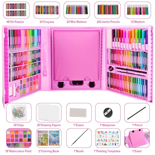 Goldge Kids Art Set, Art Supplies for Kids with Double-Sided Easel | 230 PCS+ Coloring Kit for Kids with Crayons, Colored Pencils, Markers, Watercolor Paints, Drawing Kit Gifts for Girls Boys - color: PINK