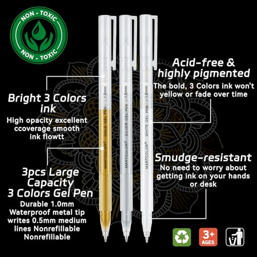 MARTCOLOR Gold Silver White Gel Pens, 3 Pack 1mm Opaque Archival Ink Pen | Fine Point Gel Ink Pens for Black Paper Drawing, Art Highlight, Illustration, Bullet Journaling, Card Making & DIY Projects - color: Multicolor