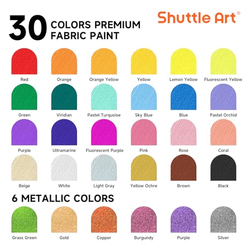 Fabric Paint, Shuttle Art 30 Colors Permanent Soft Fabric Paint in Bottles (60ml/2oz) with Brushes, Palette, Stencils, Non-Toxic Textile Paint for T-shirts, Shoes, Jeans, Bags, DIY Projects&Art Crafts - color: Regular, size: 2 Fl Oz (Pack of 30)