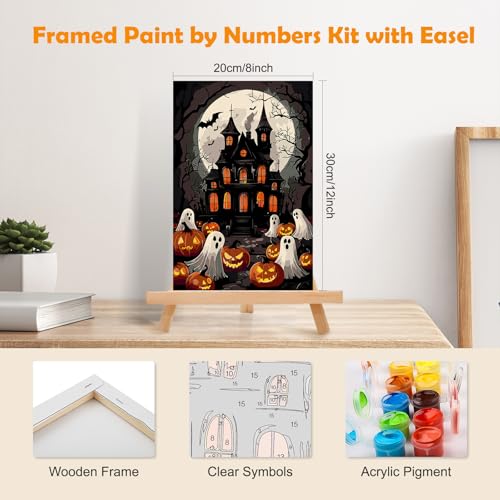 MOGTAA Halloween Paint by Numbers Kit for Adults Beginners with Frame, Ghost Adult Paint by Number Kits on Canvas with Easel, Easy DIY Pumpkin Oil Painting Kits for Home Decor, 8x12in - color: Halloween Ghost