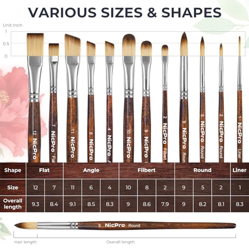 Nicpro 12PCS Artist Paint Brush Set, Paint Brushes for Acrylic Painting | Craft Paintbrushes for Oil Watercolor Gouache, Tempera, Face Body, Fabric, Model, Art Supplies for Artists Beginners (Wood) - color: Brown Wood