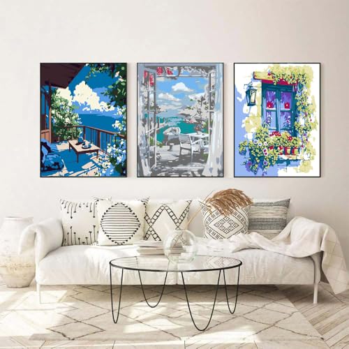4 Pack Landscape Paint by Numbers for Adult with Framed Canvas Wooden Easel | Beach Paint by Number on Canvas, DIY Flower Landscape Acrylic Oil Painting Kits with Brushes for Home Wall Decor (8x12 inch) - color: 4pc Landscape