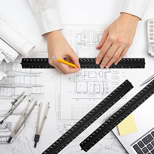Macarrie 10 Pcs Architectural Scale Ruler 12" Architect Engineers Scale Triangular Ruler Set Aluminum Metal Rulers with Imperial Measurements for Architect School Student Draftsman Engineer (Black) - color: Black