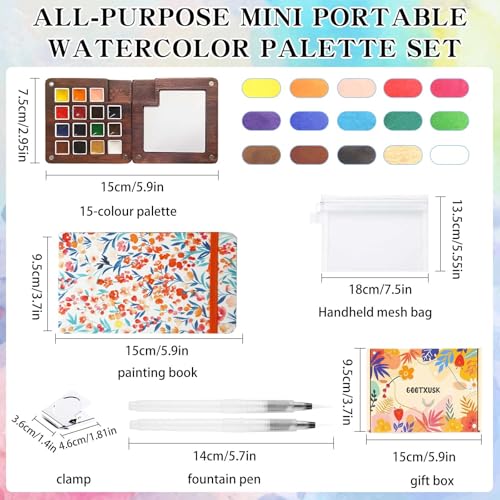 Mini Watercolor Paint Set - 15 Color Travel Watercolor Kit, Pocket Watercolor Paint Palette Set with Watercolor Book, Binder Clips, Pens, Storage Bag, Wooden Paint Box for Painters Artists Student - color: Red Flowers