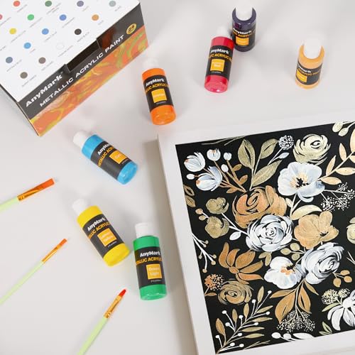 AnyMark Metallic Acrylic Paint, 36 Colors Acrylic Paint Set with 12 Brushes - color: Metallic