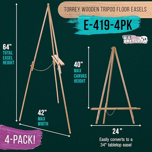 U.S. Art Supply 64" Wooden Easel Stand, Adjustable A-Frame Wood Tripod - color: 4-Easels