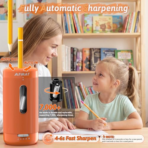 AFMAT Electric Pencil Sharpener, Auto in & Out, 5 Nibs, 7K+ Uses, Fully Automatic Pencil Sharpener for Classroom, Rechargeable Hands-Free Sharpeners for Jumbo/Colored Pencils (φ6.5-12mm) PSC3(Orange) - color: Orange