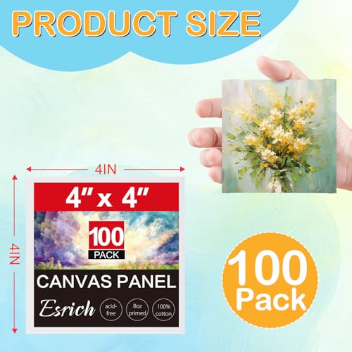 ESRICH Canvas Boards for Painting, 100 Pack Canvases for Painting 4x4 100% Cotton Small Paint Canvas Primed Acid Free Mini Blank Canvas Panels for Oil Paint,Watercolor,Acrylic Paint,Gouache&Tempera. - size: 4x4in