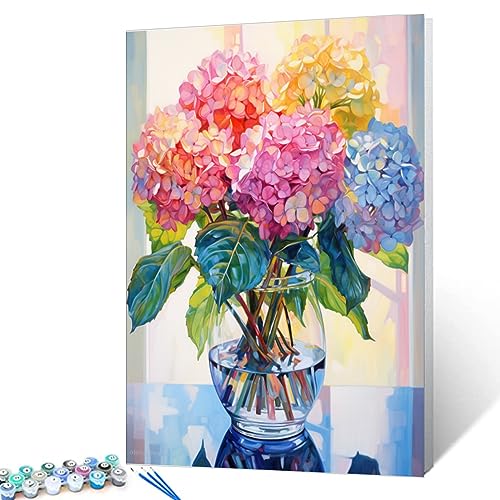 Tucocoo Hydrangea in Glass Vase Window Landscape Paint by Numbers for Adults Beautiful Flower DIY Paint by Numbers Acrylic Paint Canvas Colorful Flowers Painting Kits Art 16x20 Inch(Without Frame) - color: Flower in Vase 04, size: 16''x20''(Frameless)