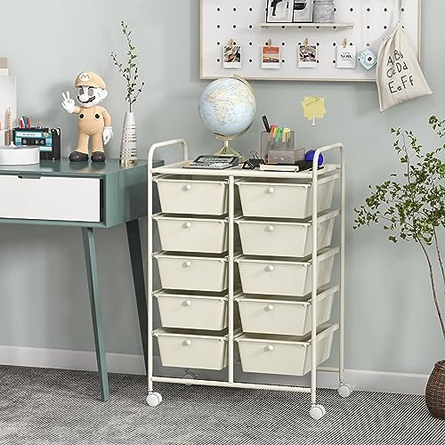 COSTWAY 10 Drawer Rolling Storage Cart, Utility Cart with Lockable Wheels | Mobile Art Supply Craft Organizer with Metal Frame, Multipurpose Drawer Cart for Paper for Office, School, White - color: White, size: 10 Drawer