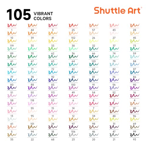 Shuttle Art Dual Tip Brush Marker Pens, 105 Colors Fine and Brush Tip Markers Set in Portable Case with 1 Coloring Book for Kids, Water-based Ink Adult Artist Coloring Calligraphy Journal Doodling - color: 105 Colors with 1 Coloring Book