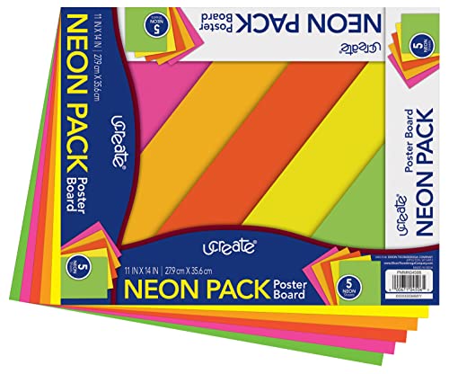 UCreate Neon Coated Poster Board | 5 Assorted Colors, Neon, 11" x 14", 5 Sheets - size: 11" x 14"