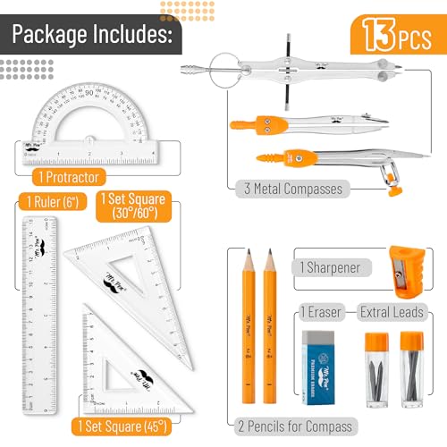 Mr. Pen- Geometry Set, 13 pcs, 3 Metal Compasses, Protractor, 6" Ruler | 45° & 30°/60° Set Squares, Pencils, Lead Refills, Sharpener & Eraser for Math, Drafting & Classroom Use | 45° & 30°/60° Set Squares, Pencils, Lead Refills, Sharpener & Eraser for Mat