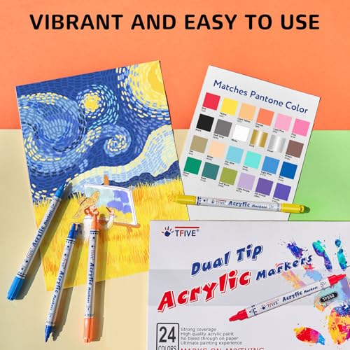 TFIVE Dual Tip Acrylic Paint Markers, 24 Colors Dot & Fine Tip Paint Pens