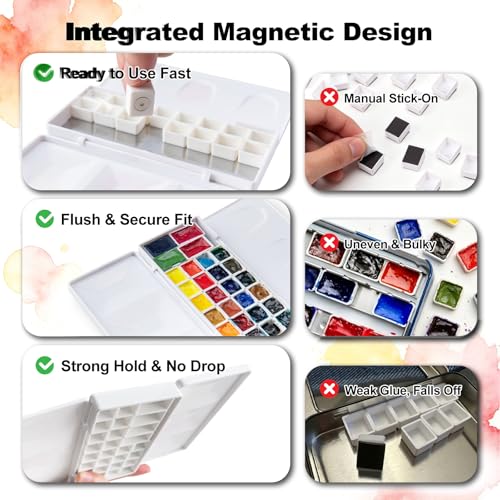 SEAMIART Portable Empty Watercolor Palette Case with 32 Magnetic Half Pans - color: White, size: 6.4" x 2.9" x 1"