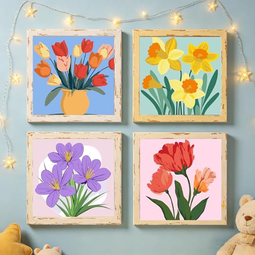 Canrichshop 4-Pack Framed Flowers Paint by Numbers Kit for Adults Beginner & All Ages 8-12 and More,Oil Painting by Numbers for Kids, DIY Number Paint Decor Present 8X 8 inch - color: BKH2329+BKH2330+BKH2331+BKH2332